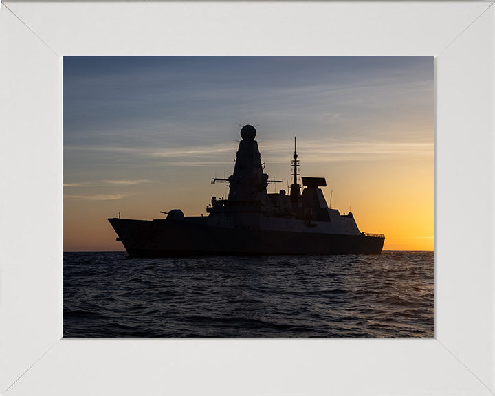 HMS Dragon (D35) Photo Print - Port Side at Sunset - Royal Navy Type 45 Destroyer Hampshire Prints 10 x 8 White Frame No