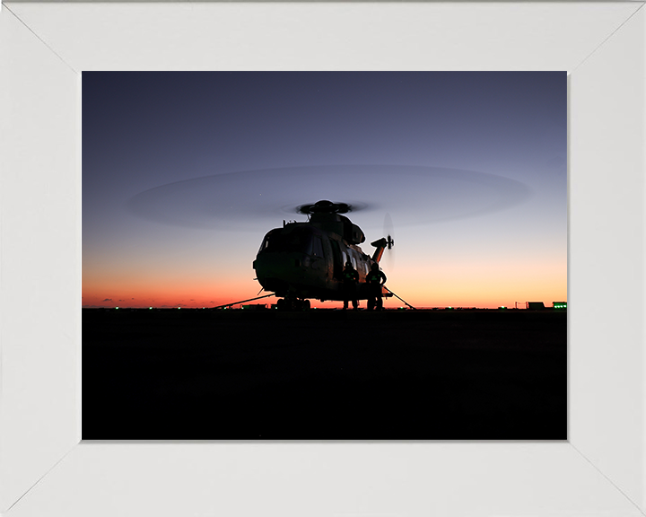 Merlin Helicopter at Sunset on a Flight Deck Photo Print - Royal Navy Aircraft Hampshire Prints 10 x 8 White Frame No