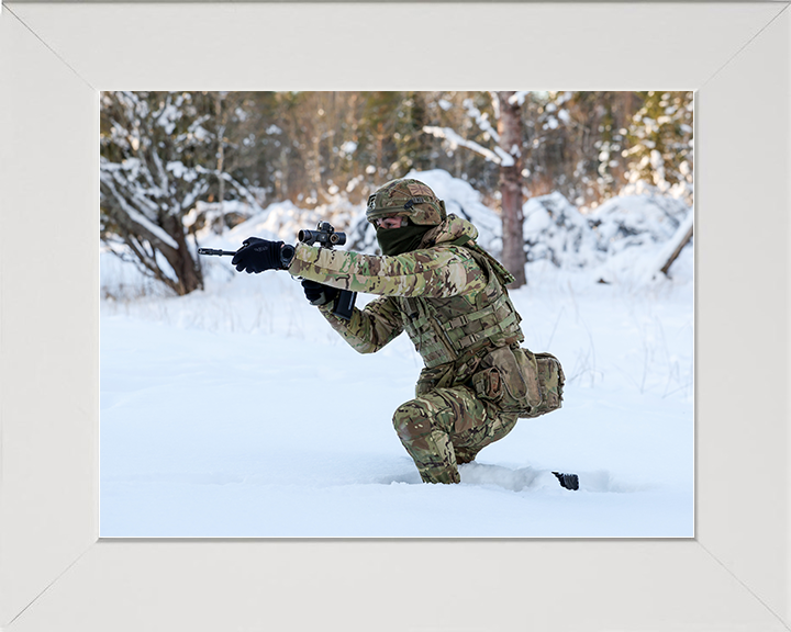 British Army Soldier Aims His Weapon in the snow Photo Print Wall Art Military Poster Posters, Prints, & Visual Artwork Hampshire Prints 10 x 8 White Frame No