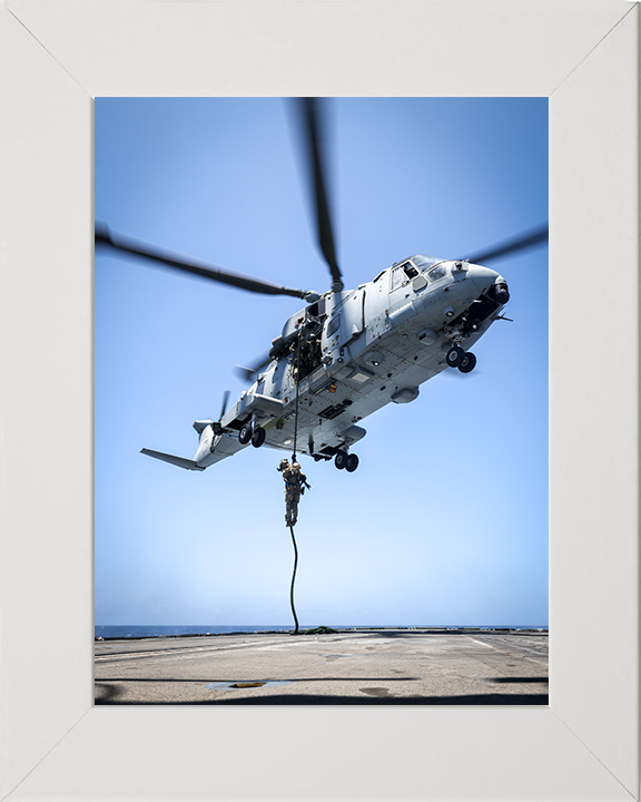 Royal Marine Commando Fast Roping from a Merlin Photo Print - 42 Commando Hampshire Prints 10 x 8 White Frame No