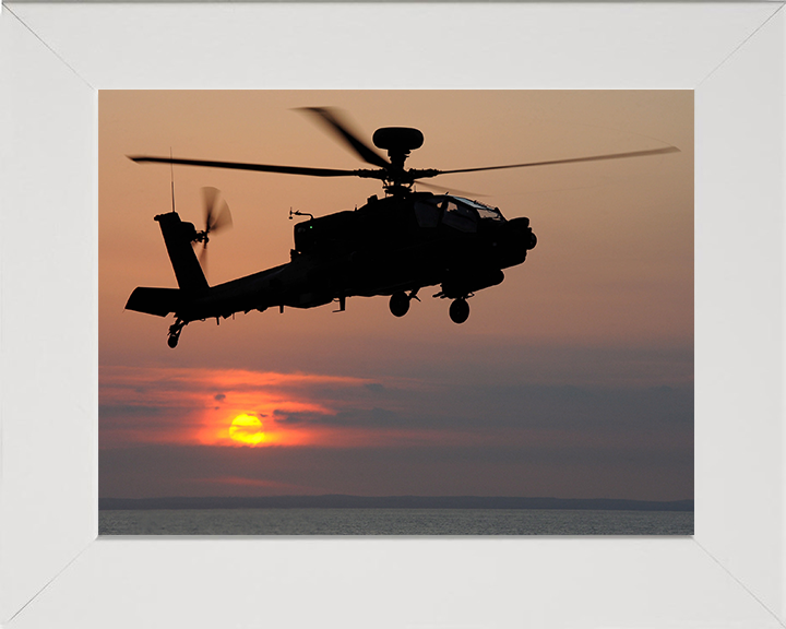 Army Apache Helicopter Silhouette at sunset Photo Print - British Army Hampshire Prints 10 x 8 White Frame No