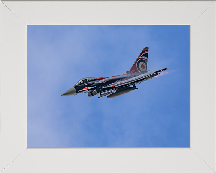 RAF Typhoon Union Jack paintwork in flight Photo Print - Royal Air Force Aircraft Hampshire Prints 10 x 8 White Frame No
