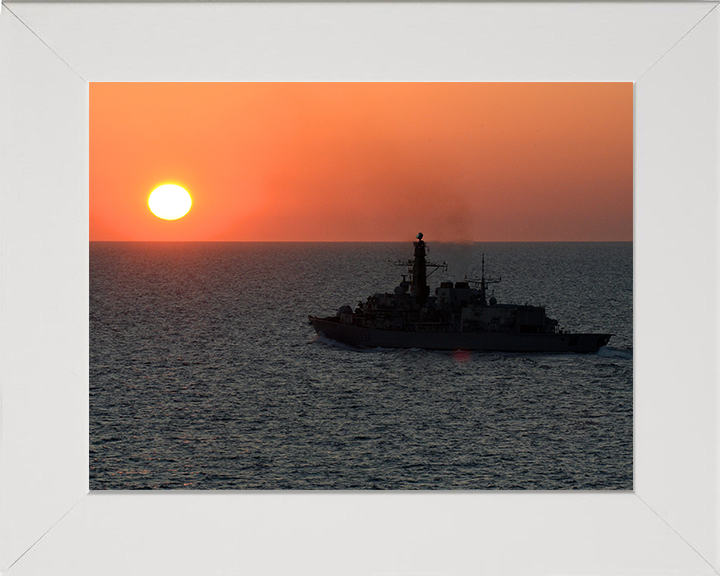 HMS Iron Duke (F234) Photo Print - Sunset Silhouette 2014 - Royal Navy Type 23 Frigate Hampshire Prints 10 x 8 White Frame No