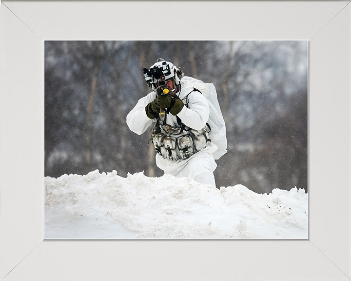 Royal Marine Aims During Cold Weather exercise Photo Print 40 Commando Marines Wall Art Military Decor UK Posters, Prints, & Visual Artwork Hampshire Prints 10 x 8 White Frame No