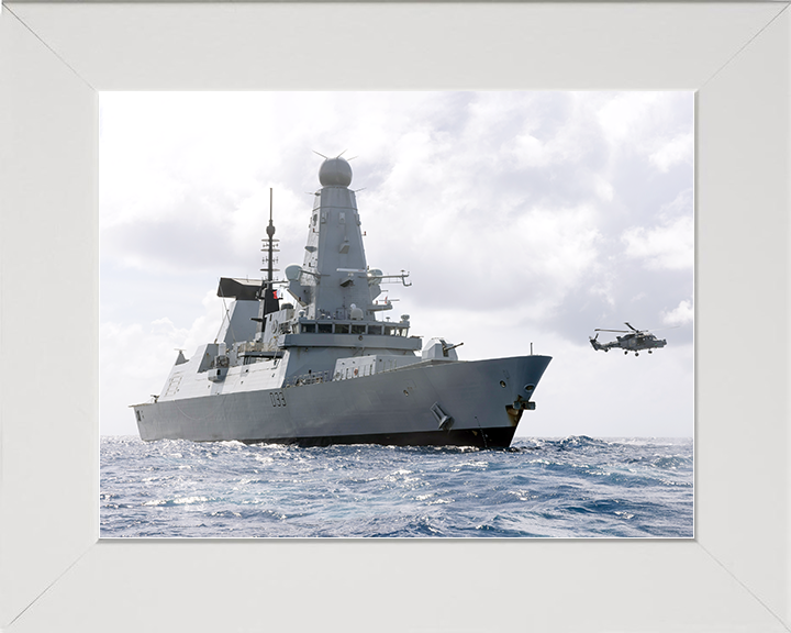 HMS Dauntless (D33) Royal Navy Type 45 Destroyer At Sea With Lynx Photo Print Wall Art Decor Posters, Prints, & Visual Artwork Hampshire Prints 10 x 8 White Frame No