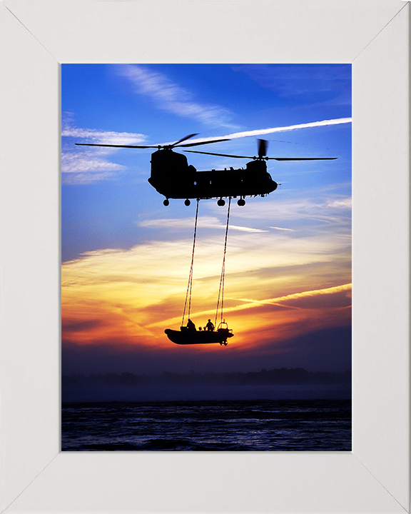 Royal Marines Commandos on a Rib Hoisted By a Chinook Helicopter Photo Print Hampshire Prints 10 x 8 White Frame No