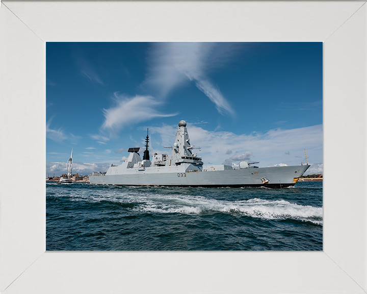 HMS Dauntless (D33) Photo Print - Exiting Portsmouth 2025 - Royal Navy Type 45 Destroyer Hampshire Prints 10 x 8 White Frame No