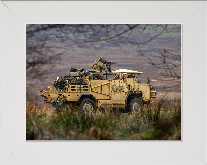 Soldier on a Jackal 2 Vehicle Providing Support British Army Vehicle Photo Print Wall Art Military Decor UK Posters, Prints, & Visual Artwork Hampshire Prints 10 x 8 White Frame No