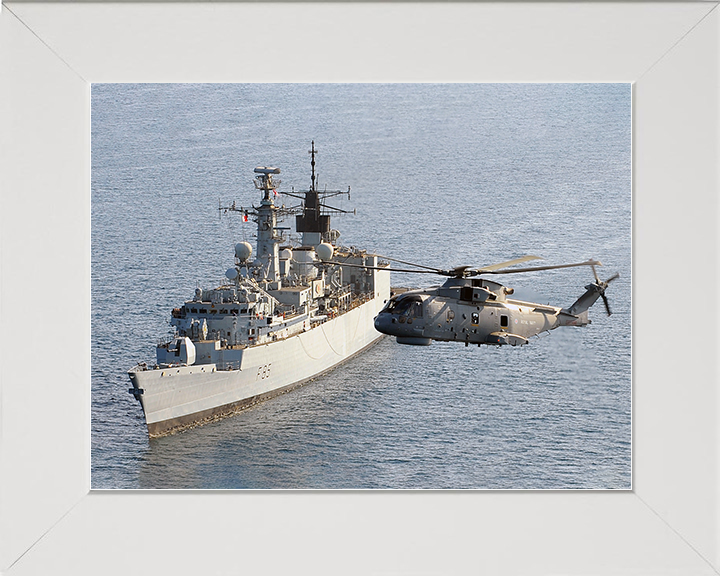 HMS Cumberland (F85) Royal Navy Type 22 Frigate With Merlin Helicopter Photo Print Wall Art Decor Posters, Prints, & Visual Artwork Hampshire Prints 10 x 8 White Frame No