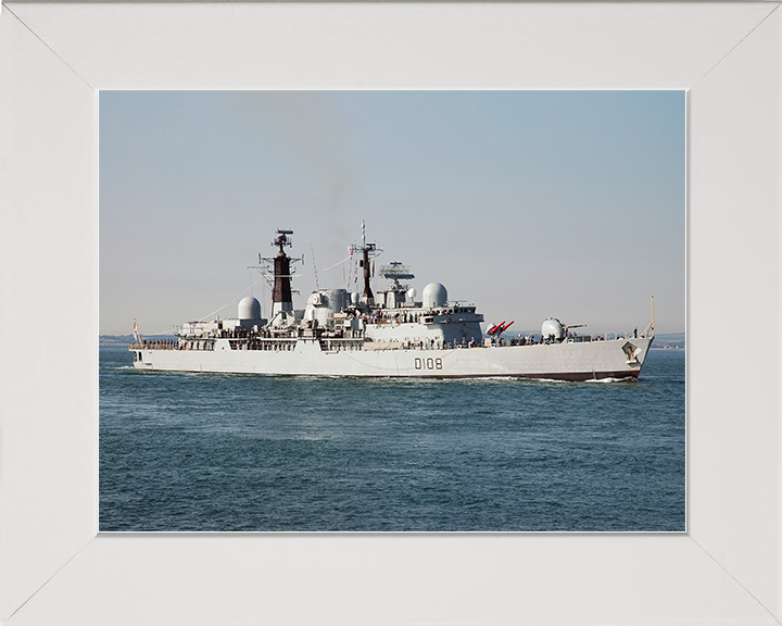 HMS Cardiff (D108) Royal Navy Type 42 Destroyer Entering Harbour Paying off Photo Print Wall Art Decor Posters, Prints, & Visual Artwork Hampshire Prints 10 x 8 White Frame No