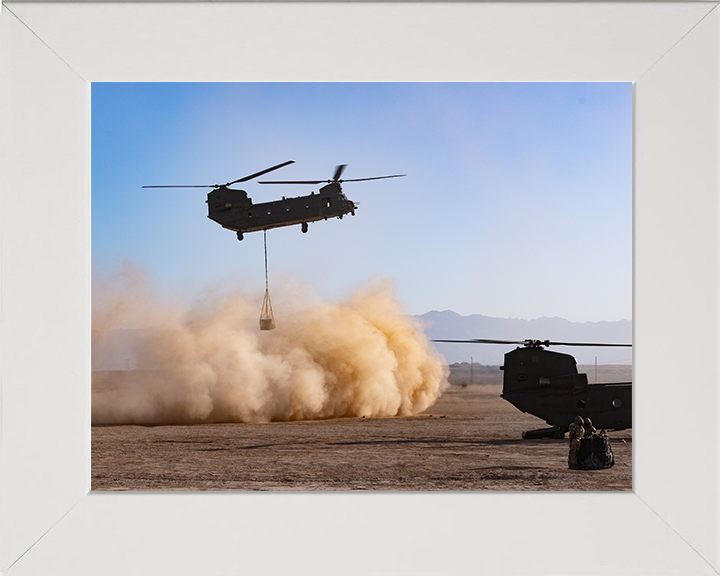 RAF Chinook helicopter carrying an underslung load Photo Print - Royal Air Force Aircraft Hampshire Prints 10 x 8 White Frame No