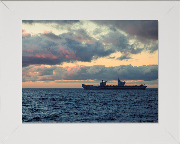 HMS Prince of Wales (R09) Photo Print - At sunset - Royal Navy Queen Elizabeth Class Aircraft Carrier Hampshire Prints 10 x 8 White Frame No