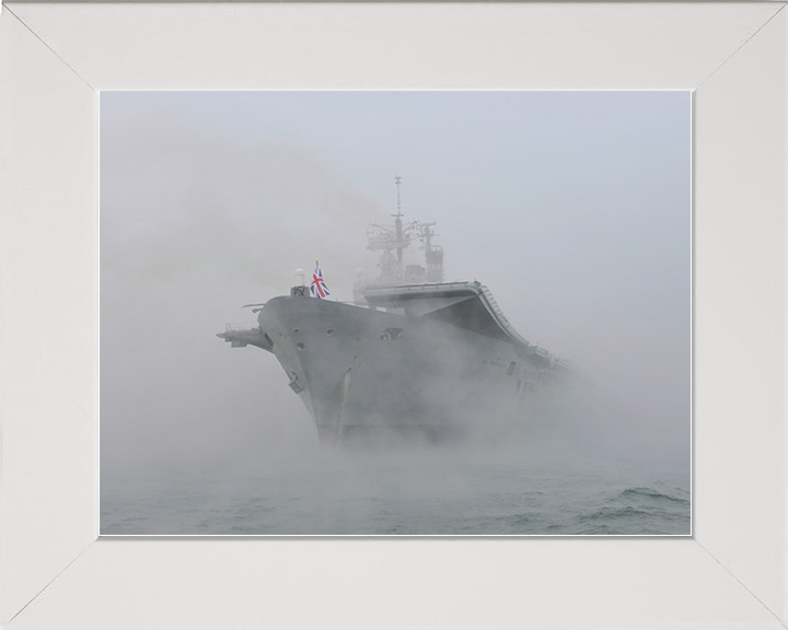 HMS Ark Royal (R07) Royal Navy Invincible Class Aircraft Carrier At Anchor in Mist Photo Print Wall Art Decor Posters, Prints, & Visual Artwork Hampshire Prints 10 x 8 White Frame No