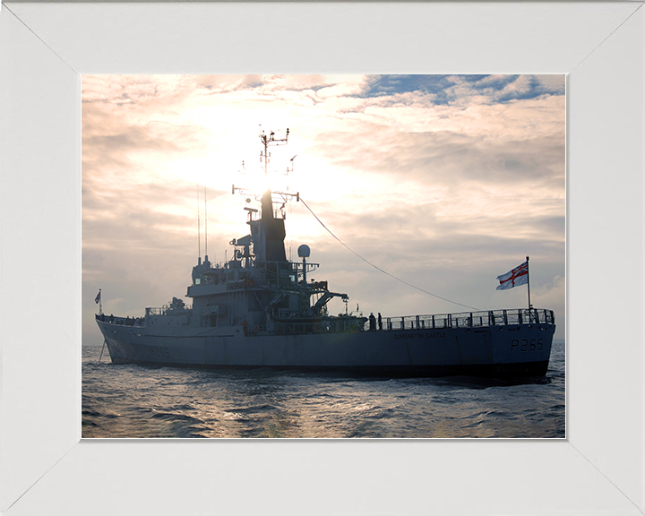 HMS Dumbarton Castle (P265) Royal Navy Castle Class Patrol Vessel At Anchor Photo Print Wall Art Decor Posters, Prints, & Visual Artwork Hampshire Prints 10 x 8 White Frame No