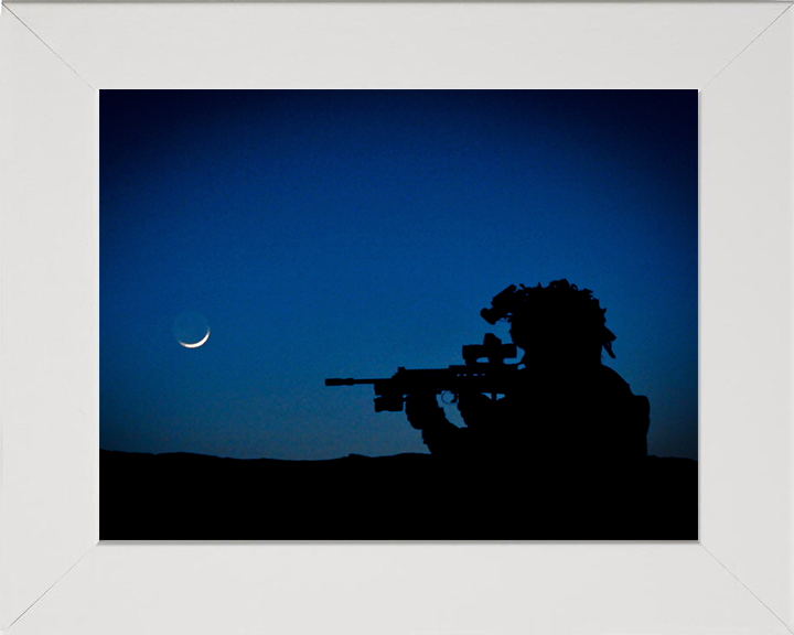 Royal Marine Commando silhouette at dusk Photo Print - 40 Commando Hampshire Prints 10 x 8 White Frame No