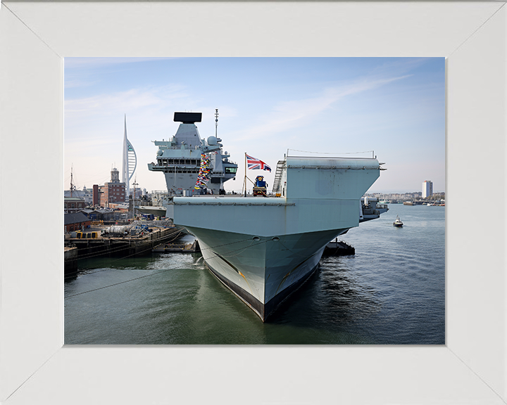 HMS Queen Elizabeth (R08) Photo Print - Portsmouth 2022 - Royal Navy Queen Elizabeth Class Aircraft Carrier Hampshire Prints 10 x 8 White Frame No