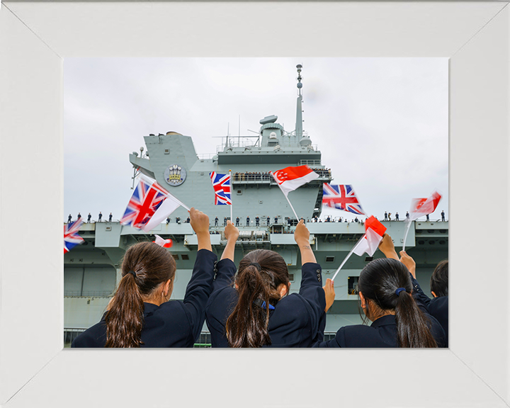 HMS Prince of Wales (R09) Photo Print - Singapore Welcome 2025 - Royal Navy Queen Elizabeth Class Aircraft Carrier Hampshire Prints 10 x 8 White Frame No