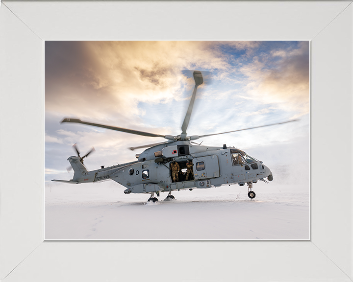 Merlin MK4 Helicopter Snow Landing in Norway 2026 Royal Navy Aircraft Photo Print Wall Art Naval Decor UK Posters, Prints, & Visual Artwork Hampshire Prints 10 x 8 White Frame No