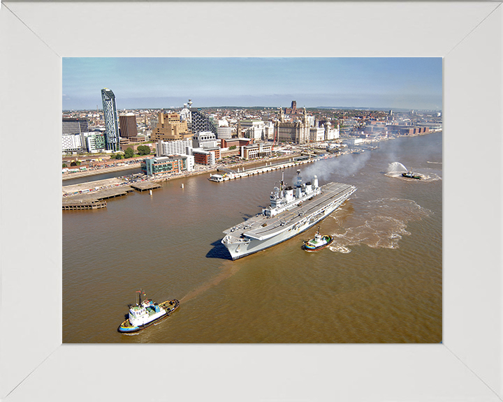 HMS Ark Royal (R07) Photo Print - Departs Liverpool 2008 - Royal Navy Invincible Class Aircraft Carrier Hampshire Prints 10 x 8 White Frame No