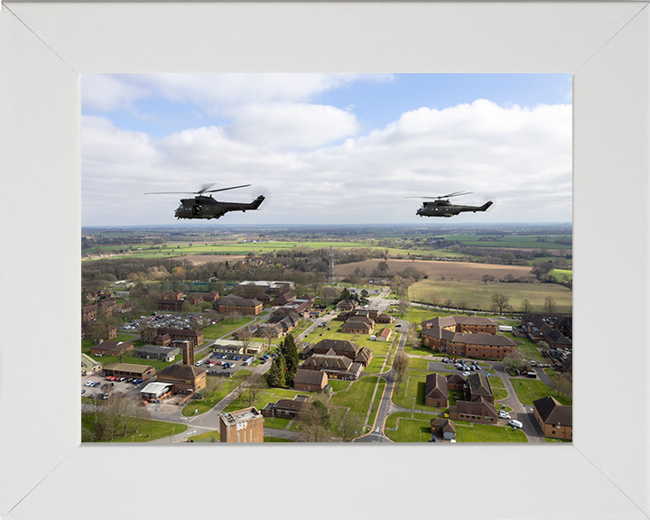 RAF Puma Helicopter in flight over RAF Shawbury Photo Print - Royal Air Force Aircraft Posters, Prints, & Visual Artwork Hampshire Prints 10 x 8 White Frame No
