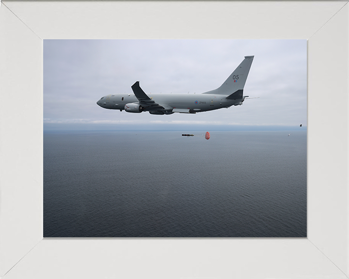 RAF Poseidon (P-8A) releasing a torpedo Photo Print - Royal Air Force Aircraft Hampshire Prints 10 x 8 White Frame No