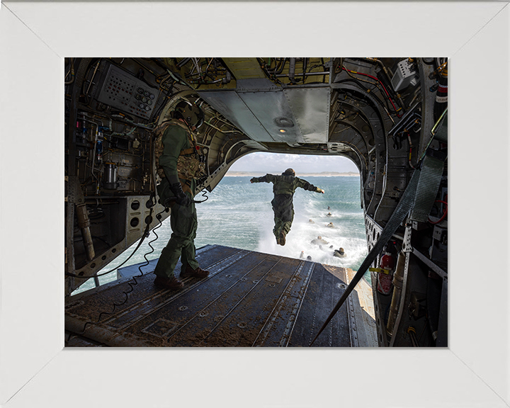 Royal Marine Commando helocasting from a Chinook Photo Print - 40 Commando Hampshire Prints 10 x 8 White Frame No