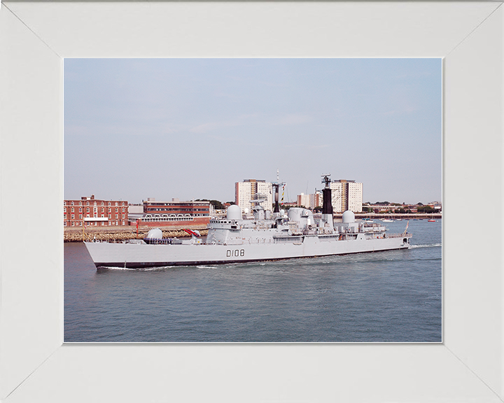 HMS Cardiff (D108) Royal Navy Type 42 Destroyer Leaving Portsmouth Photo Print Wall Art Decor Posters, Prints, & Visual Artwork Hampshire Prints 10 x 8 White Frame No