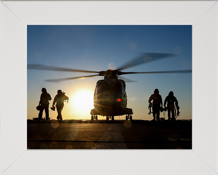 Merlin Helicopter on a Flight Deck at Sunset Photo Print - Royal Navy Aircraft Hampshire Prints 10 x 8 White Frame No