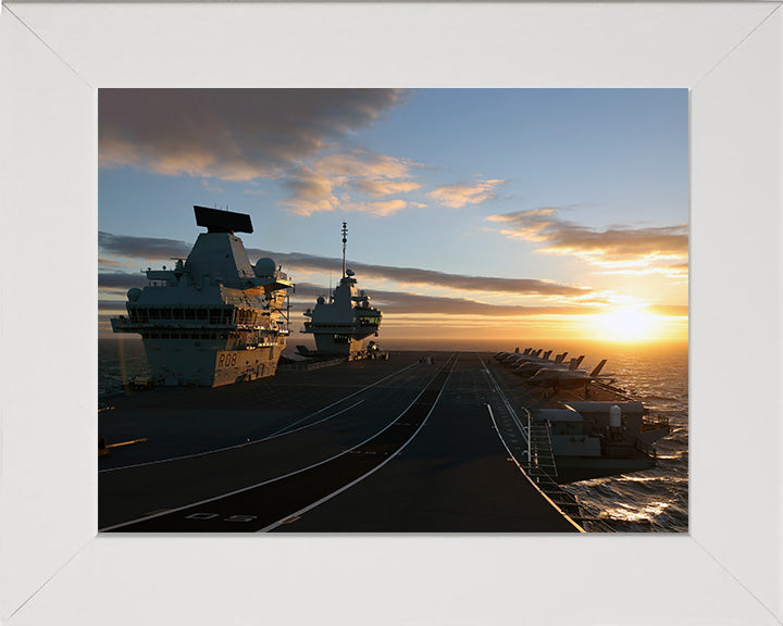HMS Queen Elizabeth (R08) Photo Print - Flight Deck at Sunset - Royal Navy Queen Elizabeth Class Aircraft Carrier Hampshire Prints 10 x 8 White Frame No