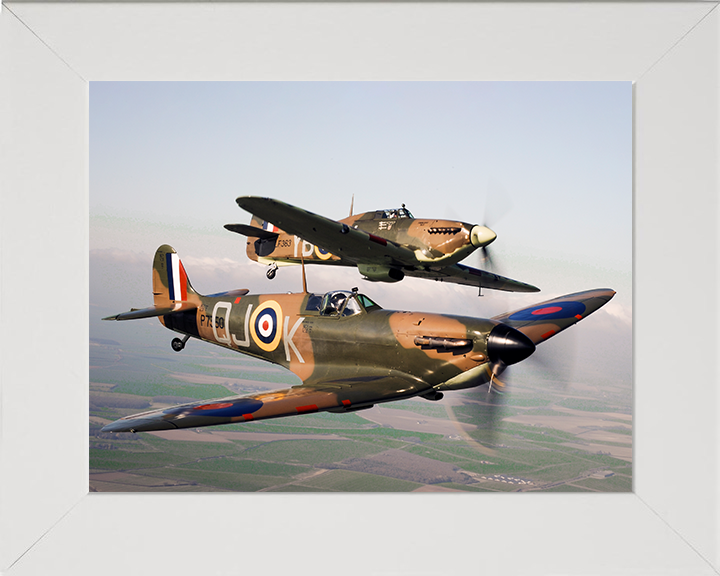 RAF Spitfire and Hurrincane in flight Photo Print - Royal Air Force Aircraft Hampshire Prints 10 x 8 White Frame No