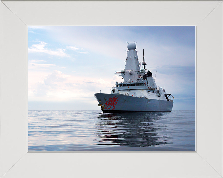 HMS Dragon (D35) Royal Navy Type 45 Destroyer Port Bow Reflection Photo Print Wall Art Decor Posters, Prints, & Visual Artwork Hampshire Prints 10 x 8 White Frame No