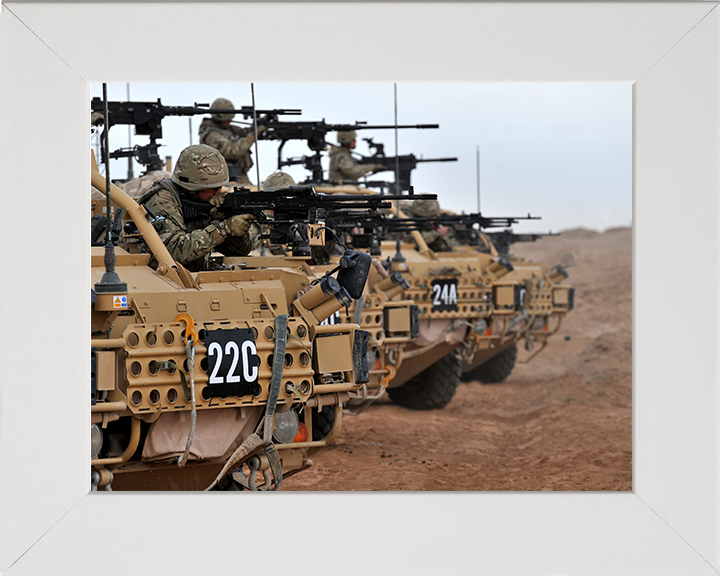 RAF Regiment Soldier firing from a Jackal patrol vehicle Photo Print - Royal Air Force Hampshire Prints 10 x 8 White Frame No