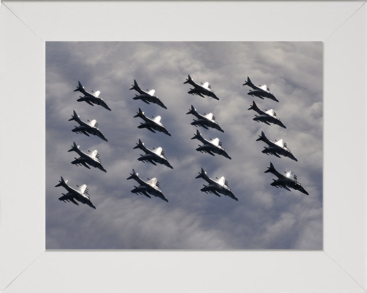 Sixteen RAF Harrier GR7 Jets in formation Photo Print - Royal Air Force Aircraft Posters, Prints, & Visual Artwork Hampshire Prints 10 x 8 White Frame No