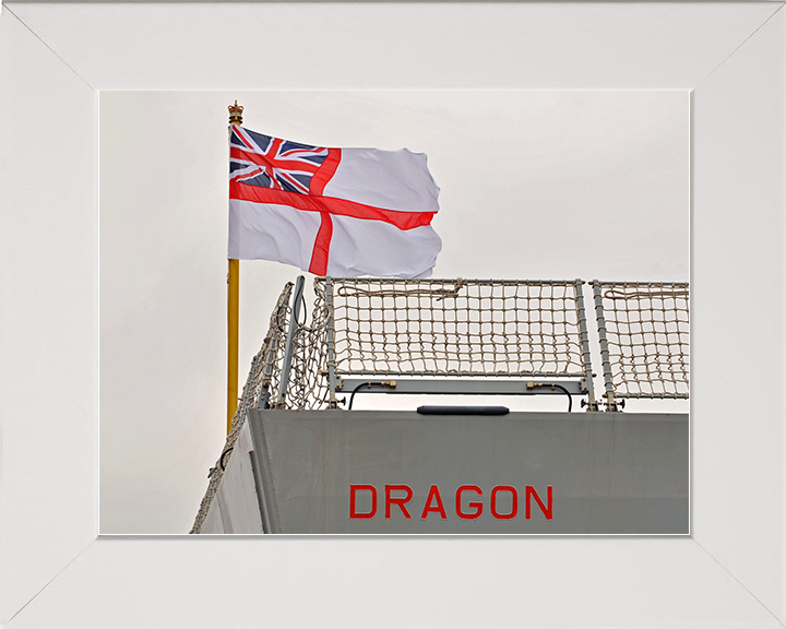 HMS Dragon (D35) Royal Navy Type 45 Destroyer White Ensign Photo Print Wall Art Decor Posters, Prints, & Visual Artwork Hampshire Prints 10 x 8 White Frame No