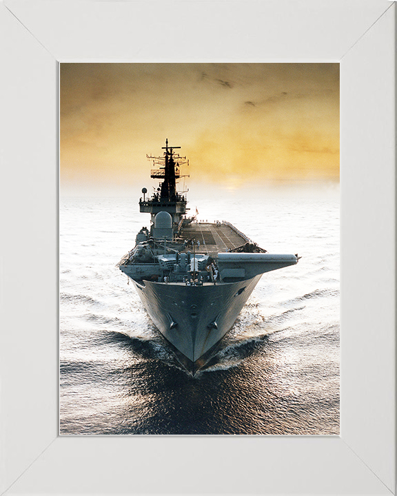 HMS Ark Royal (R07) Royal Navy Invincible Class Aircraft Carrier Bow View at Sunset Photo Print Wall Art Decor Posters, Prints, & Visual Artwork Hampshire Prints 10 x 8 White Frame No