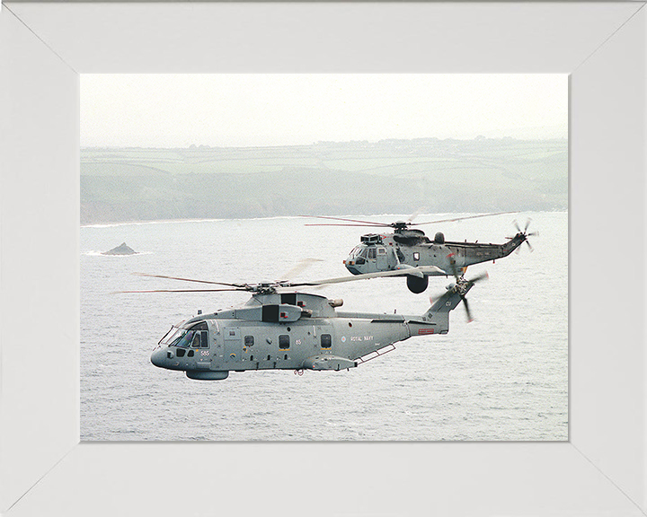 Merlin and Sea King Helicopter off Cornwall Photo Print - Royal Navy Aircraft Posters, Prints, & Visual Artwork Hampshire Prints 10 x 8 White Frame No