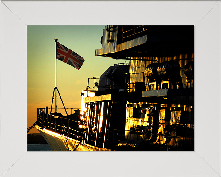 HMS Iron Duke (F234) Photo Print - At Sunset Port Side - Royal Navy Type 23 Frigate Hampshire Prints 10 x 8 White Frame No