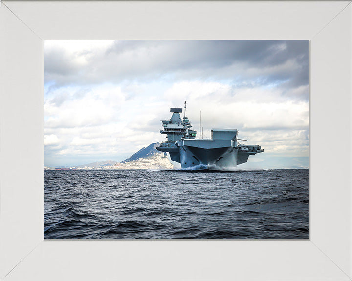 HMS Queen Elizabeth (R08) Photo Print - Bow View - Royal Navy Queen Elizabeth Class Aircraft Carrier Hampshire Prints 10 x 8 White Frame No