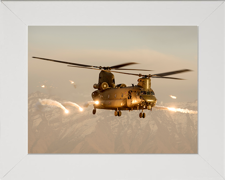 RAF Chinook Helicopter Over Afghanistan Firing Flares Photo Print - Royal Air Force Aircraft Hampshire Prints 10 x 8 White Frame No
