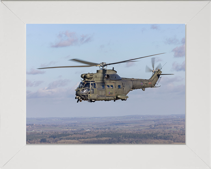 RAF Puma HC2 Helicopter in flight Photo Print - Royal Air Force Aircraft Hampshire Prints 10 x 8 White Frame No