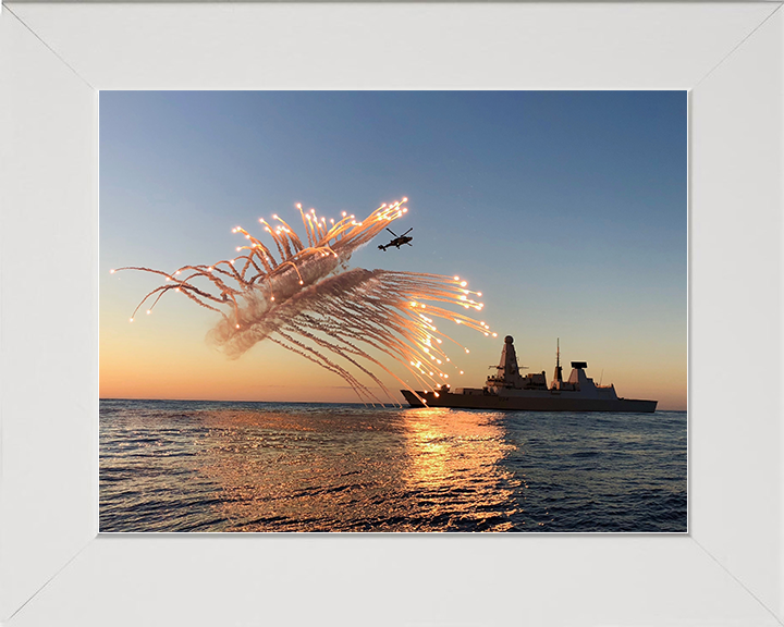 HMS Diamond (D34) Royal Navy Type 45 Destroyer With Flares 2018 Photo Print Wall Art Decor Posters, Prints, & Visual Artwork Hampshire Prints 10 x 8 White Frame No