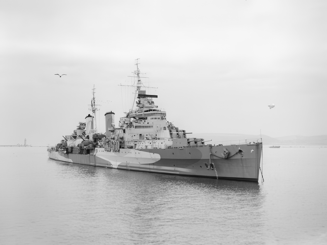 HMS Belfast C35 Town Class Light Cruiser Low Starboard Bow View