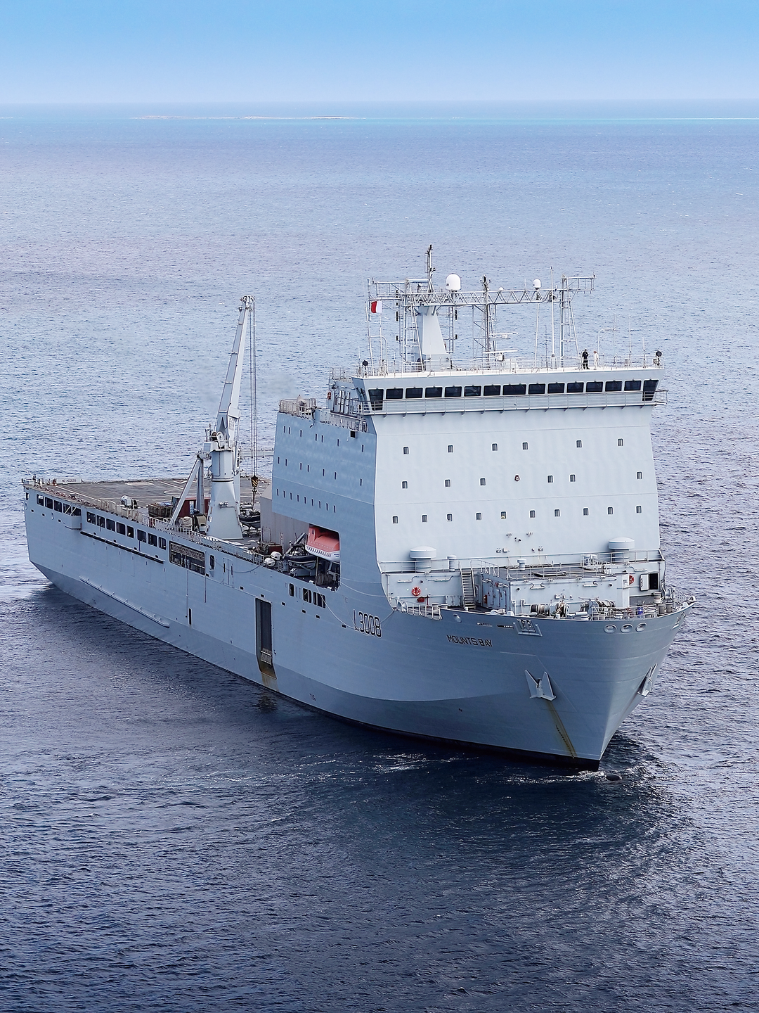 RFA Mounts Bay L3008 Bay Class Ship July 2018 High Starboard Bow View