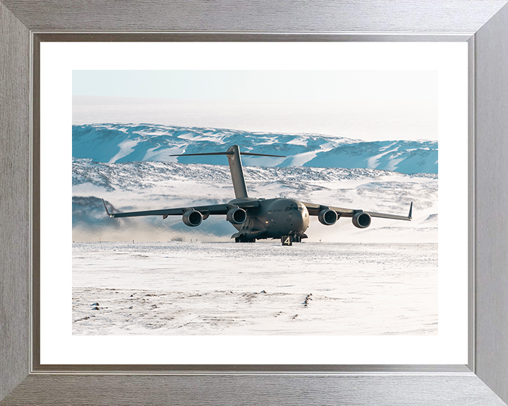 RAF C-17 Globemaster Taxis on a Snowy Runway 2026 Photo Print Royal Air Force Aircraft Wall Art Posters, Prints, & Visual Artwork Hampshire Prints 10 x 8 Silver Frame Yes
