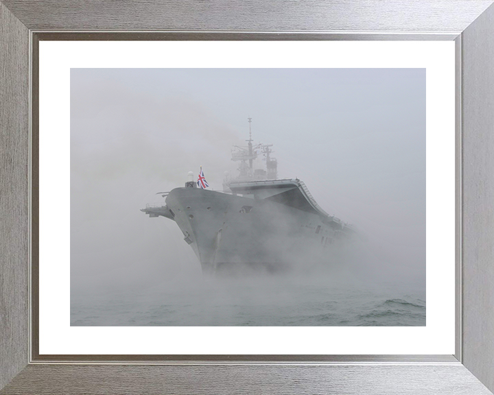 HMS Ark Royal (R07) Royal Navy Invincible Class Aircraft Carrier At Anchor in Mist Photo Print Wall Art Decor Posters, Prints, & Visual Artwork Hampshire Prints 10 x 8 Silver Frame Yes