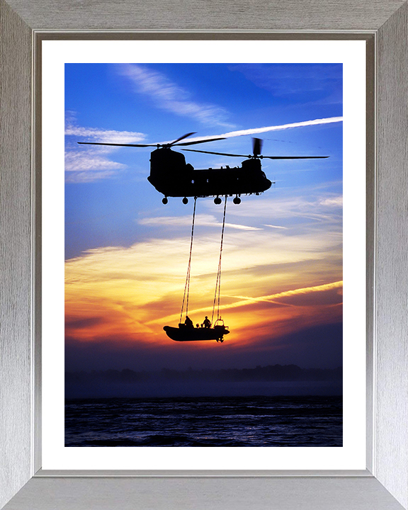 Royal Marines Commandos on a Rib Hoisted By a Chinook Helicopter Photo Print Hampshire Prints 10 x 8 Silver Frame Yes