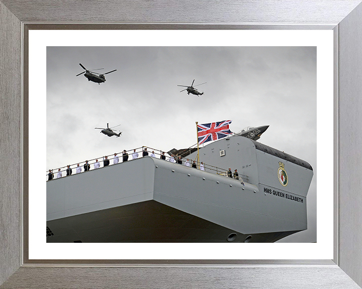HMS Queen Elizabeth (R08) Photo Print - Naming Ceremony - Royal Navy Queen Elizabeth Class Aircraft Carrier Hampshire Prints 10 x 8 Silver Frame Yes