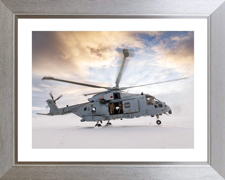 Merlin MK4 Helicopter Snow Landing in Norway 2026 Royal Navy Aircraft Photo Print Wall Art Naval Decor UK Posters, Prints, & Visual Artwork Hampshire Prints 10 x 8 Silver Frame Yes