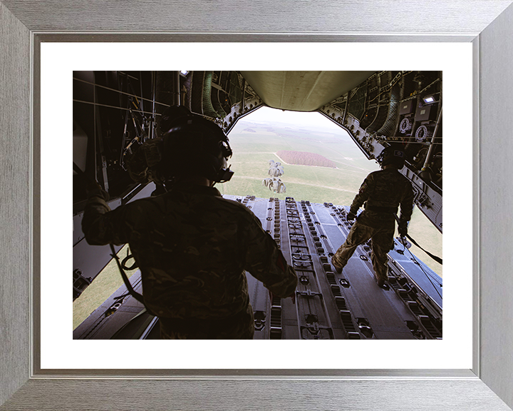 RAF Load Masters Drop CDS From an A400M Aircraft Photo Print Royal Air Force Wall Art Poster Posters, Prints, & Visual Artwork Hampshire Prints 10 x 8 Silver Frame Yes
