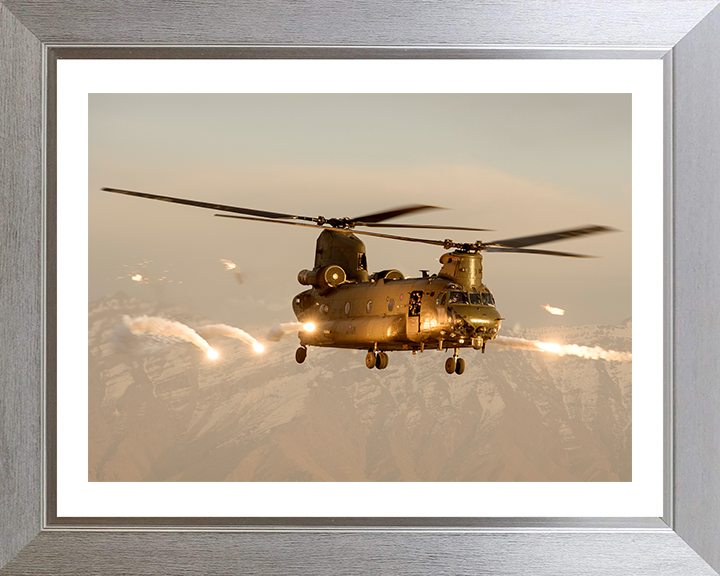 RAF Chinook Helicopter Over Afghanistan Firing Flares Photo Print - Royal Air Force Aircraft Hampshire Prints 10 x 8 Silver Frame Yes